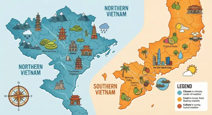 베트남 북부 남부 차이를 보여주는 지역별 지도