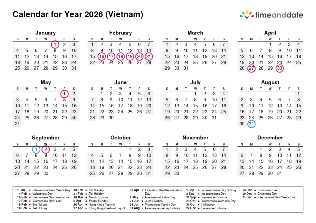2026 베트남 공휴일 달력과 여행 최적기 표시