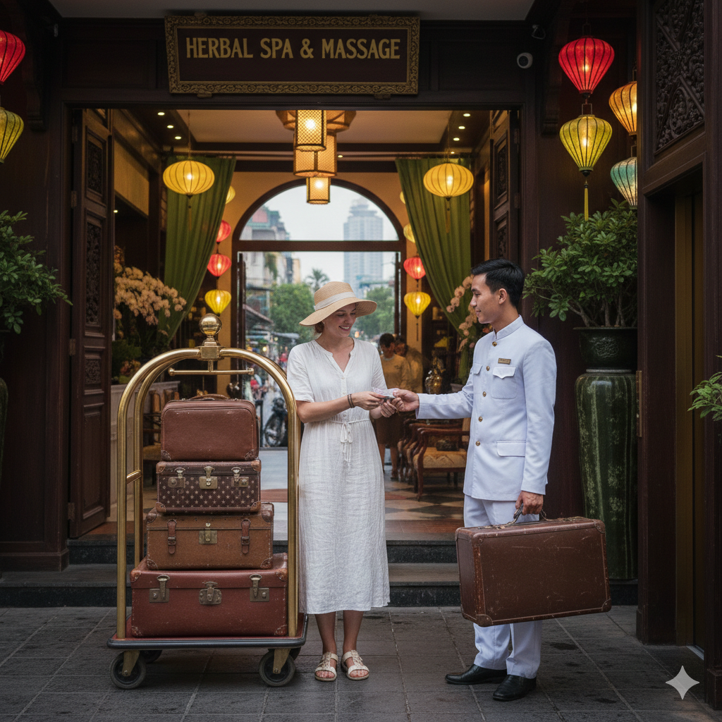 베트남 벨보이에게 팁을 주고 있는 서양 여성